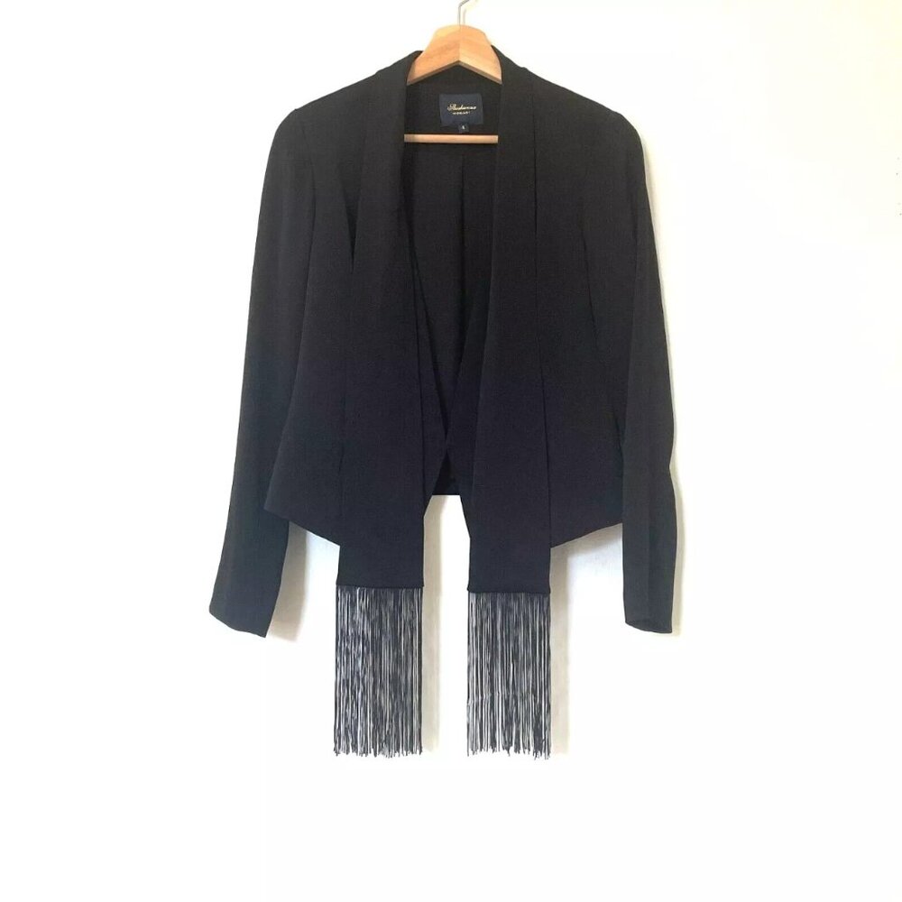 Shoshanna Midnight‎ Evening Blazer Jacket Fringe Neck Tie Black Size 4